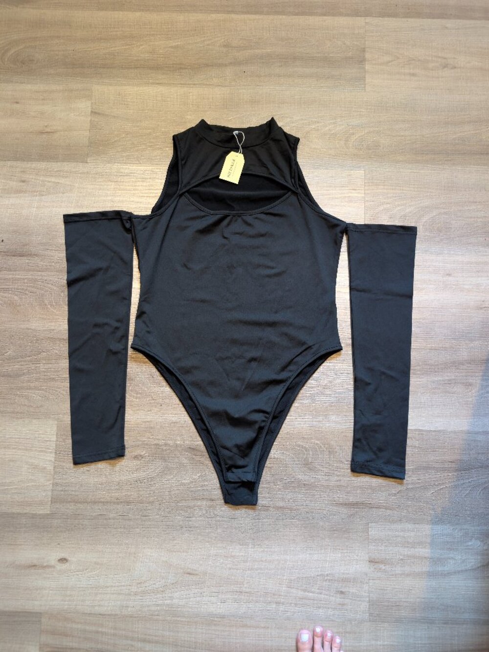 NWT Black Cold Shoulder Mock Neck Bodysuit with Attached Sleeves